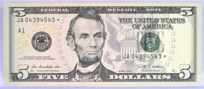 2009 Fancy Bookend Serial Number 5 Dollar Star Note - 04394543 - Boston (A) - 2009 Federal Reserve Five Dollars Fancy Star Note - Fr.1995-A*