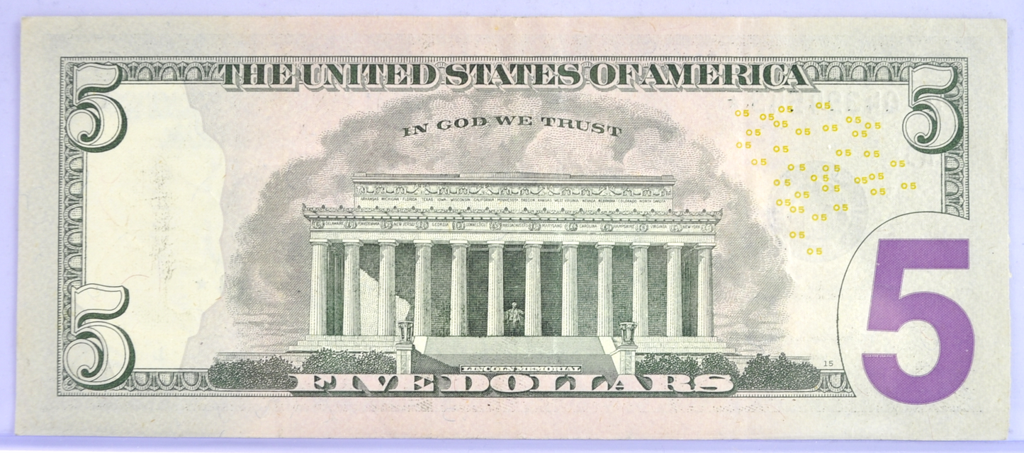 2009 Fancy Bookend Serial Number 5 Dollar Star Note - 04394543 - Boston (A) - 2009 Federal Reserve Five Dollars Fancy Star Note - Fr.1995-A*