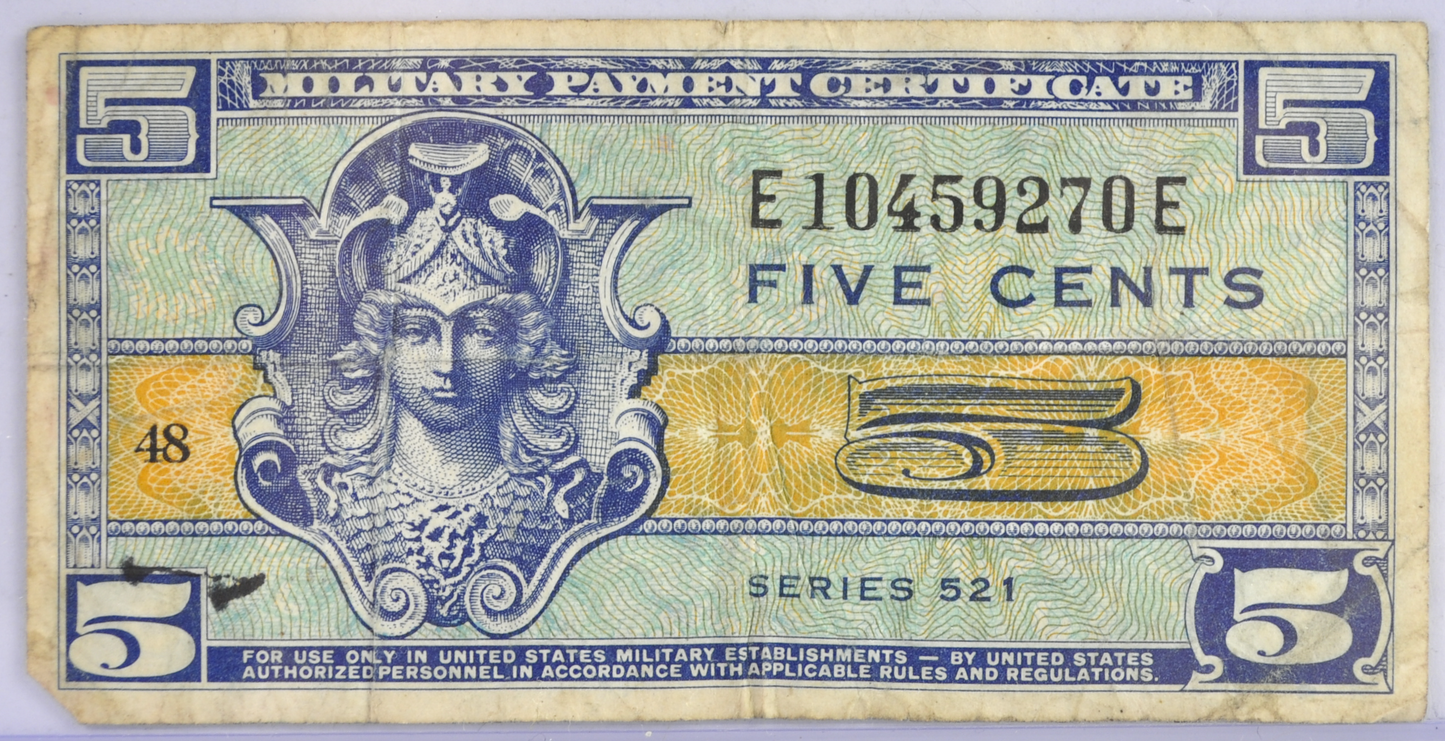1954 U.S. Military 5 Cent Payment Certificate - Scarce Series 521 - 1954 United States Military Five Cents Payment Certificate - P#M29a