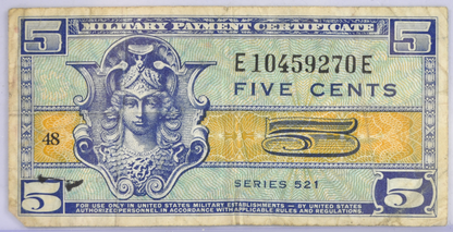 1954 U.S. Military 5 Cent Payment Certificate - Scarce Series 521 - 1954 United States Military Five Cents Payment Certificate - P#M29a