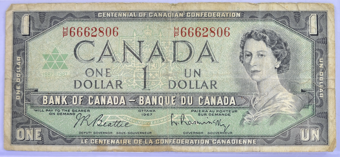 1967 Bank of Canada 1 Dollar Devil 666 Serial Number Banknote - 6662806 - 1967 Canadian Centennial Fancy Serial One Dollar Note - P#84b