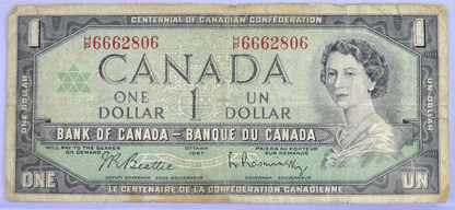 1967 Bank of Canada 1 Dollar Devil 666 Serial Number Banknote - 6662806 - 1967 Canadian Centennial Fancy Serial One Dollar Note - P#84b