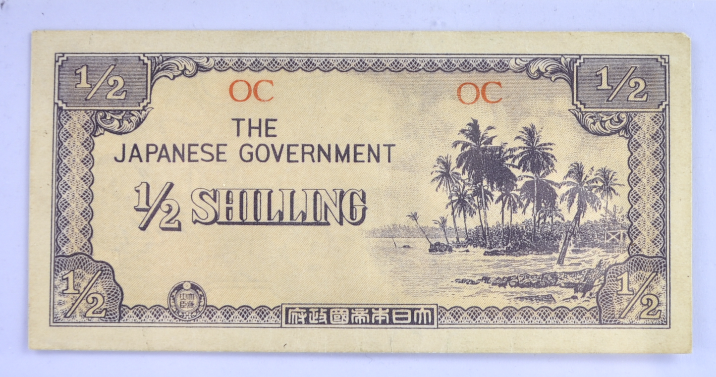 1942 Japan Oceania 1/2 Shilling Note - Block Letters 42mm Apart - WW2 1942 Japanese Occupied Australia Oceania Half Shilling Note - P#1a