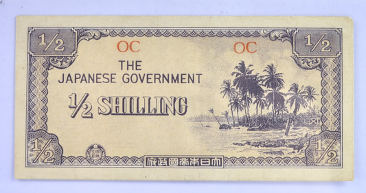 1942 Japan Oceania 1/2 Shilling Note - Block Letters 42mm Apart - WW2 1942 Japanese Occupied Australia Oceania Half Shilling Note - P#1a