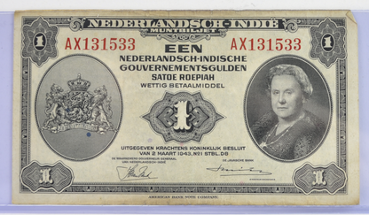 1943 Dutch East Indies 1 Gulden Banknote - 1943 Muntbiljet Issue - Netherlands Indies WWII Occupation One Gulden Note 1943 - P#111a