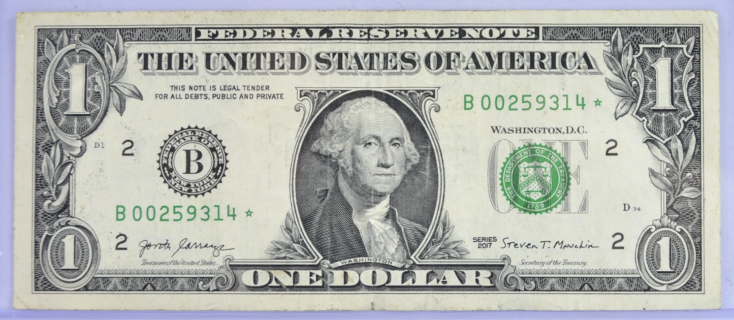 2017 Low Serial Number 1 Dollar Star Note - 00259314 - XF Grade - 2017 Federal Reserve One Dollar Low Serial Star Note - Fr.3005-B*