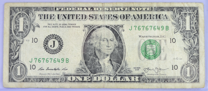 2013 Fancy Repeating Pattern Serial Number 1 Dollar Banknote - 76767649 - 2013 One Dollar Fancy Serial Note - Fr.3001-J