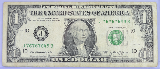 2013 Fancy Repeating Pattern Serial Number 1 Dollar Banknote - 76767649 - 2013 One Dollar Fancy Serial Note - Fr.3001-J