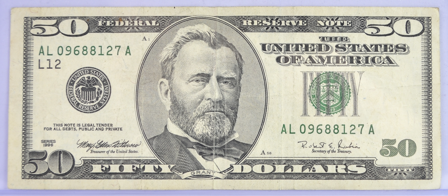 1996 Fancy Serial Number 50 Dollar Note - 09688127 - San Francisco (L) Issue - 1996 Fifty Dollar Federal Reserve Banknote - Fr#2126-L
