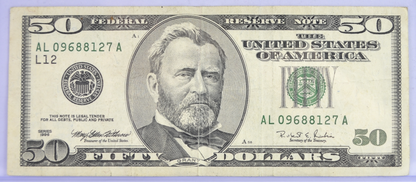 1996 Fancy Serial Number 50 Dollar Note - 09688127 - San Francisco (L) Issue - 1996 Fifty Dollar Federal Reserve Banknote - Fr#2126-L