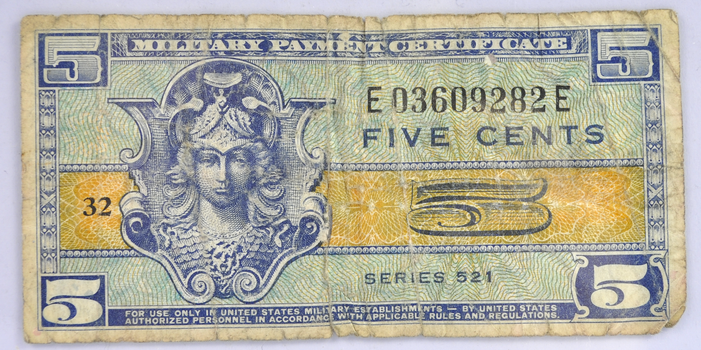 1954 U.S. Military 5 Cent Payment Certificate - Scarce Series 521 - 1954 United States Military Five Cents Payment Certificate - P#M29a