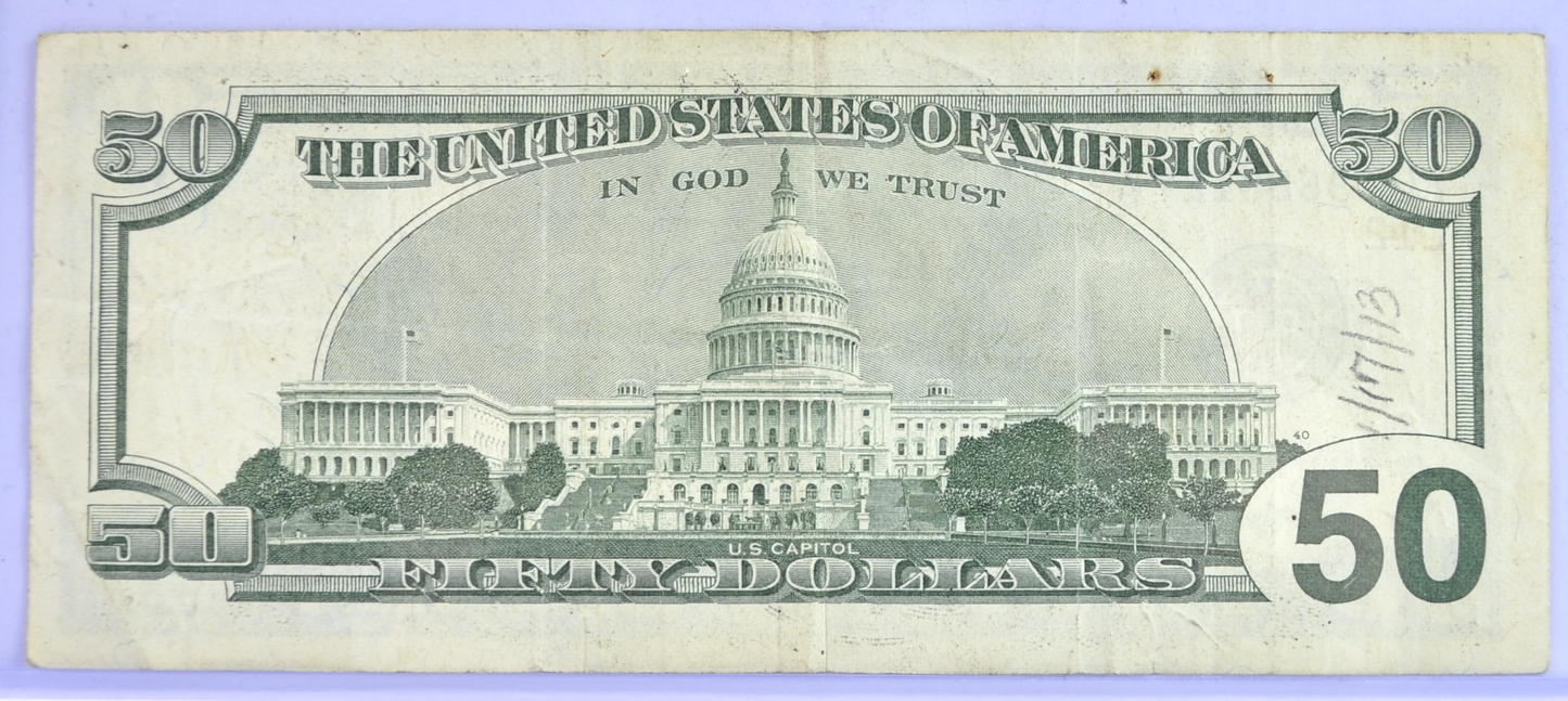 1996 Fancy Serial Number 50 Dollar Note - 09688127 - San Francisco (L) Issue - 1996 Fifty Dollar Federal Reserve Banknote - Fr#2126-L