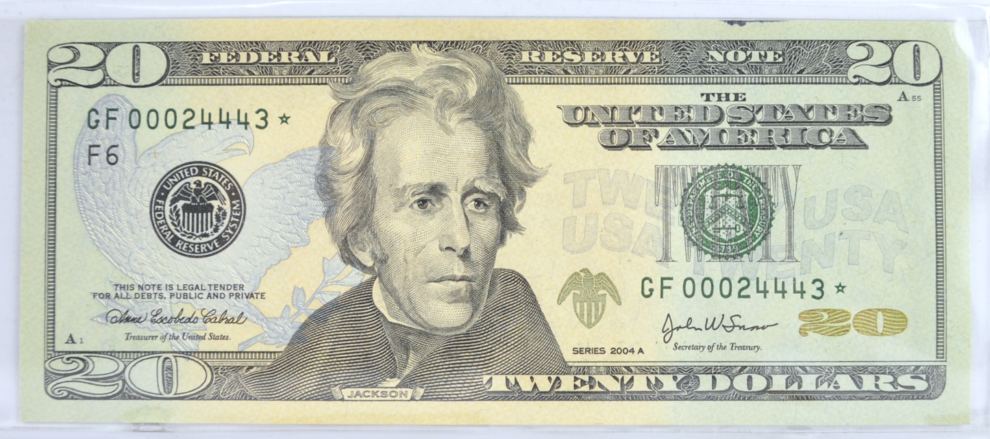 2004-A Low Fancy Serial Number 20 Dollar Star Note - 00024443 - Uncirculated (UNC) - 2004A Twenty Dollar Cool Serial Star Note - Fr.2091-F*