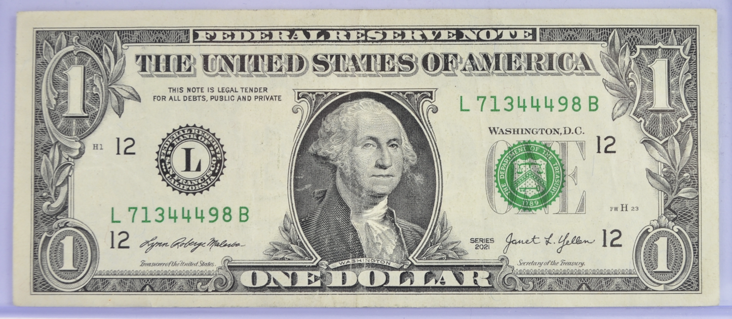2021 Fancy Repeater Serial Number 1 Dollar Banknote - 71344498 - 2021 One Dollar Cool Serial Number Note - Fr.3007-L