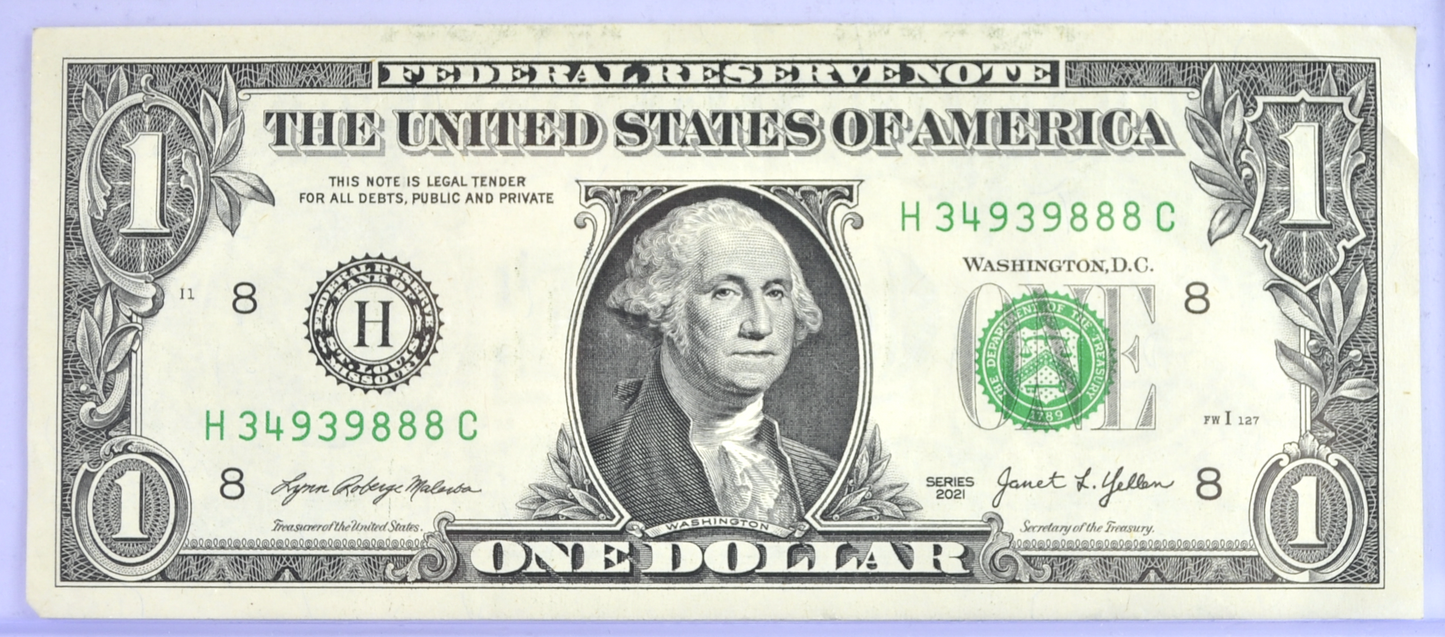 2021 Fancy Repeater Serial Number 1 Dollar Banknote - 34939888 - 2021 One Dollar Cool Serial Number Note - Fr.3007-H