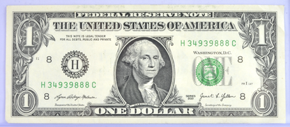 2021 Fancy Repeater Serial Number 1 Dollar Banknote - 34939888 - 2021 One Dollar Cool Serial Number Note - Fr.3007-H