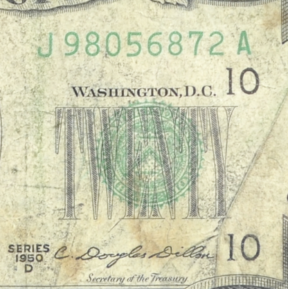1950-B 20 Dollar Federal Reserve Error Note - Minor Green Ink Run & Double Print Error - 1950B Twenty Dollars Ink Error Note - Fr#2063-J