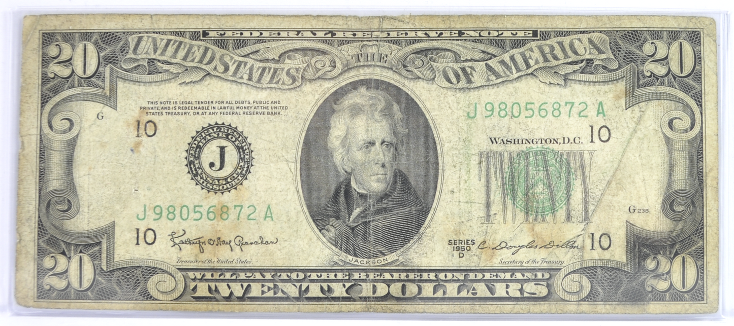 1950-B 20 Dollar Federal Reserve Error Note - Minor Green Ink Run & Double Print Error - 1950B Twenty Dollars Ink Error Note - Fr#2063-J