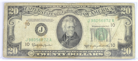 1950-B 20 Dollar Federal Reserve Error Note - Minor Green Ink Run & Double Print Error - 1950B Twenty Dollars Ink Error Note - Fr#2063-J