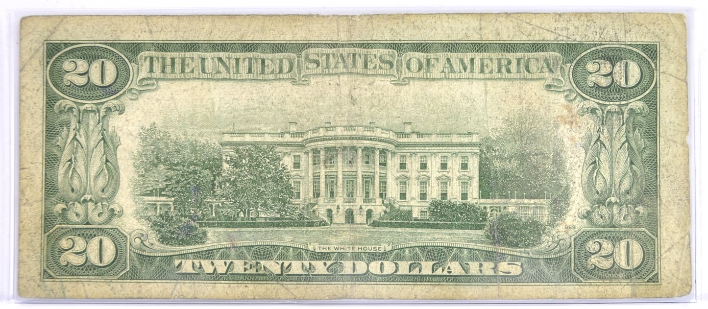 1950-B 20 Dollar Federal Reserve Error Note - Minor Green Ink Run & Double Print Error - 1950B Twenty Dollars Ink Error Note - Fr#2063-J
