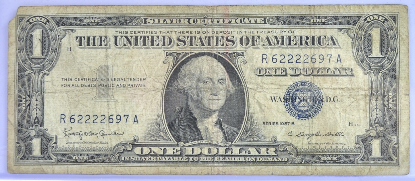 1957-B Fancy Solid Repeater Serial Number 1 Dollar Silver Certificate - 62222697 - 1957B One Dollar Blue Seal Fancy Serial Note - Fr#1621