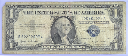 1957-B Fancy Solid Repeater Serial Number 1 Dollar Silver Certificate - 62222697 - 1957B One Dollar Blue Seal Fancy Serial Note - Fr#1621