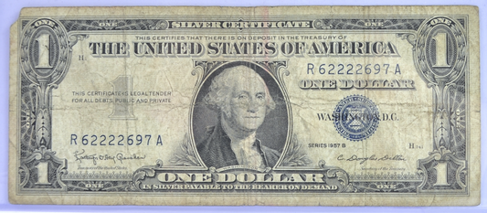 1957-B Fancy Solid Repeater Serial Number 1 Dollar Silver Certificate - 62222697 - 1957B One Dollar Blue Seal Fancy Serial Note - Fr#1621