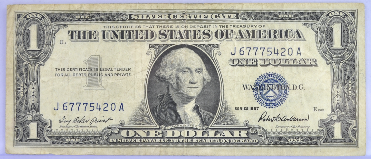 1957 Lucky 777 Fancy Serial Number 1 Dollar Silver Certificate - 67775420 - 1957 Blue Seal One Dollar Fancy Serial Bank Note - Fr#1619
