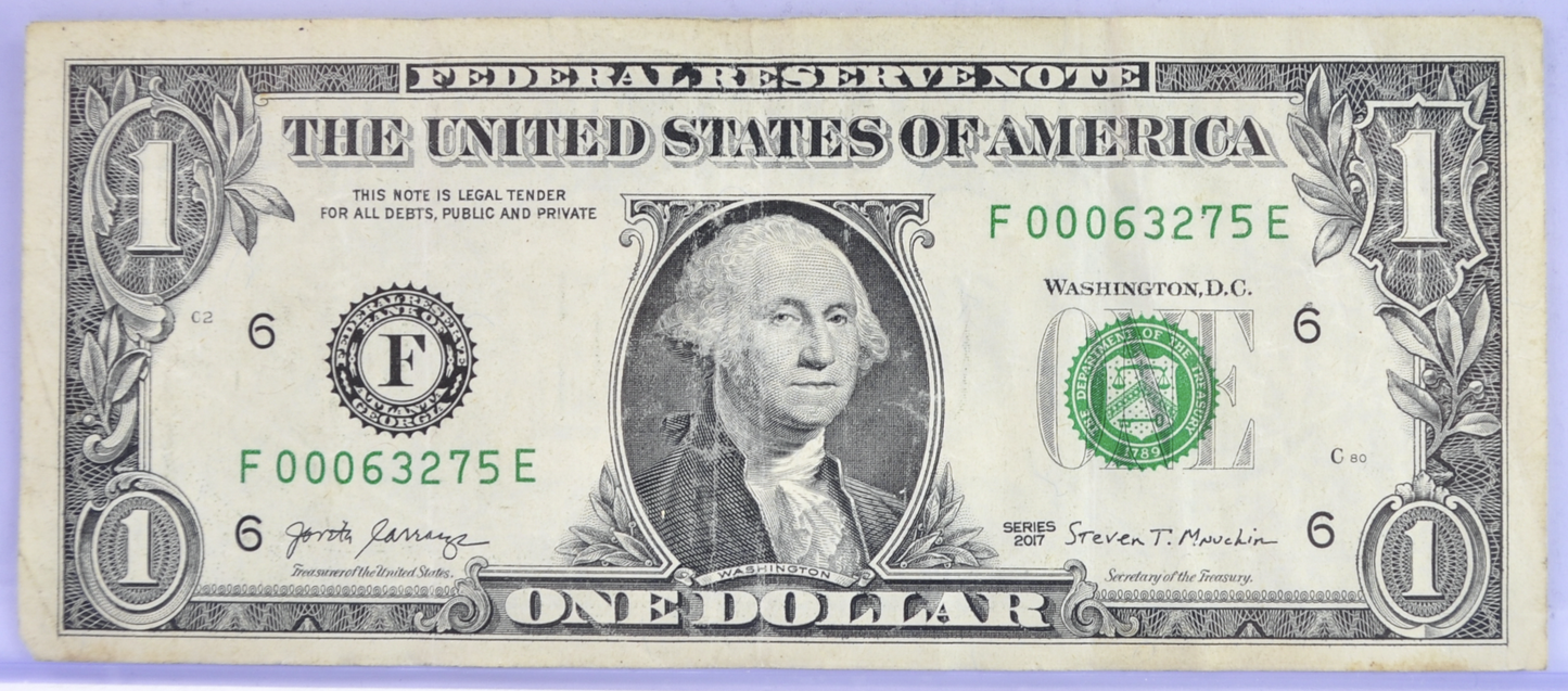 2017 Low Serial Number 1 Dollar Note - 00063275 - Extremely Fine (XF) - 2017 Federal Reserve One Dollar Low Serial Note - Fr.3003-F