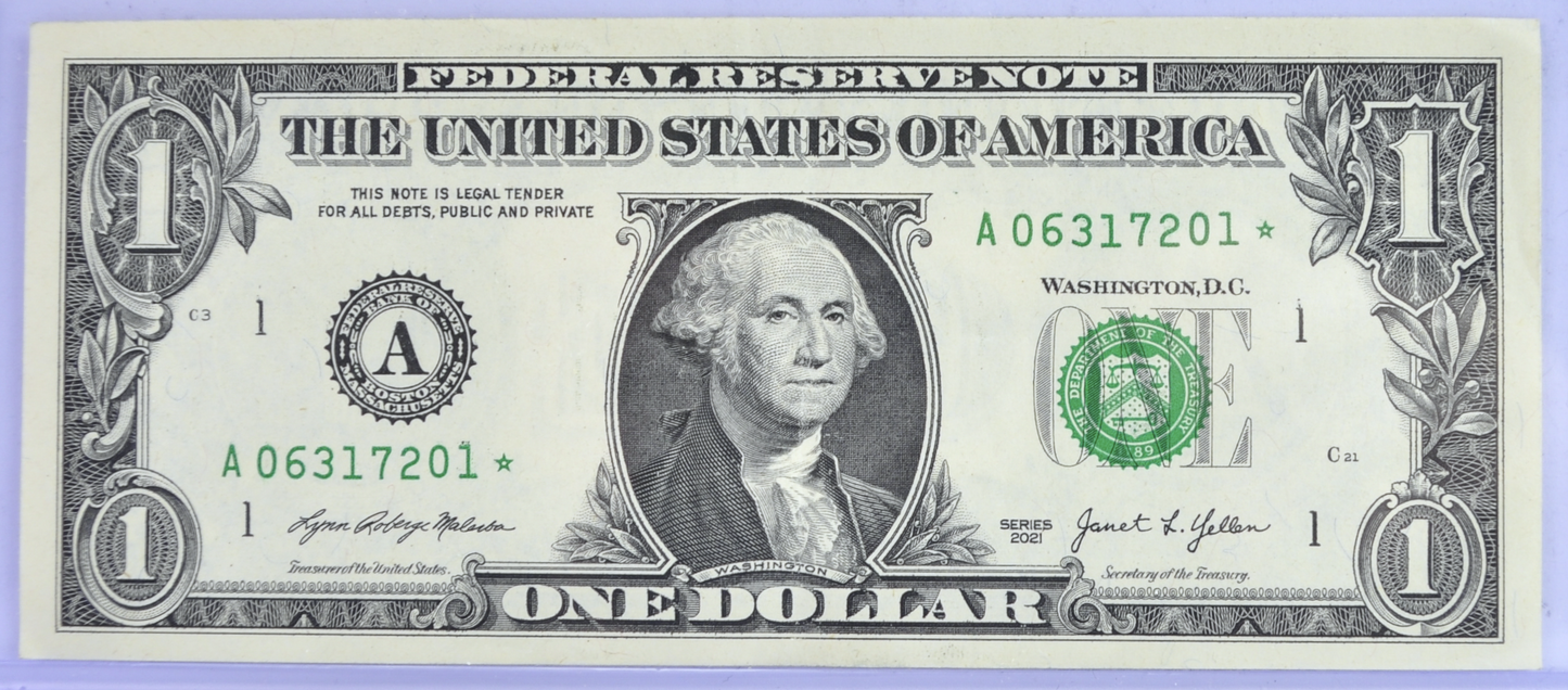 2021 1 Dollar Federal Reserve Star Note - Boston (A) Issue - Almost Uncirculated (AU) - 2021 One Dollar Boston Star Note - Fr.3008-A*