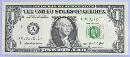 2021 1 Dollar Federal Reserve Star Note - Boston (A) Issue - Almost Uncirculated (AU) - 2021 One Dollar Boston Star Note - Fr.3008-A*