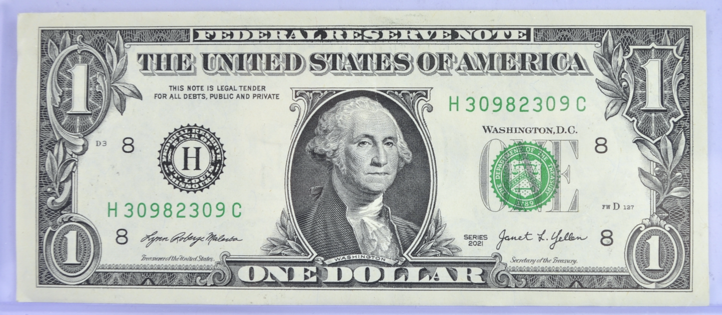 2021 Fancy Bookend Pattern Serial Number 1 Dollar Banknote - 30982309 - 2021 One Dollar Cool Serial Number Note - Fr.3007-H