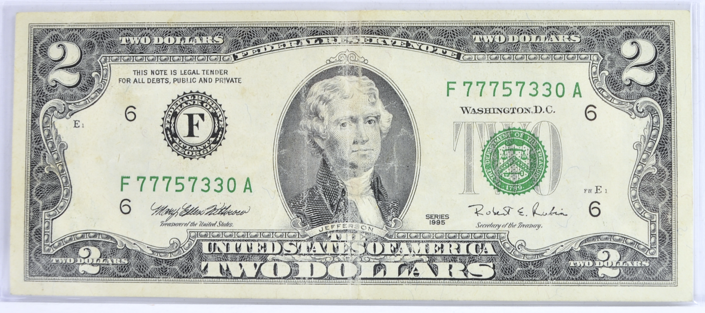 1995 Lucky 777 Fancy Serial Number 2 Dollar Note - 77757330 - 1995 Federal Reserve Two Dollars Lucky Serial Banknote - Fr.1936-F