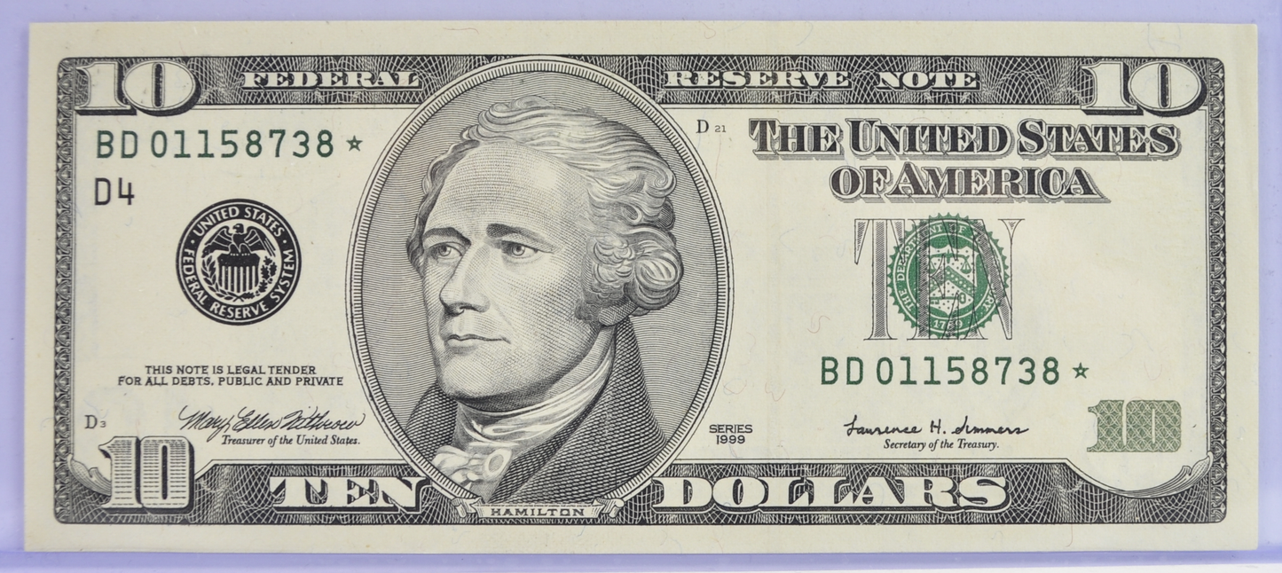 1999 Federal Reserve 10 Dollar Star Note - Cleveland (D) Issue - Uncirculated (UNC) - 1999 Ten Dollar Green Seal Star Note - Fr#2033-D*