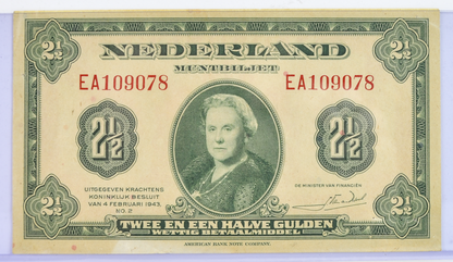 1943 Netherlands 2 1/2 Gulden Banknote - Rare Left Facing Portrait Type - 1943 Netherlands Two and a Half Gulden Note - P#65