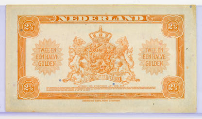 1943 Netherlands 2 1/2 Gulden Banknote - Rare Left Facing Portrait Type - 1943 Netherlands Two and a Half Gulden Note - P#65
