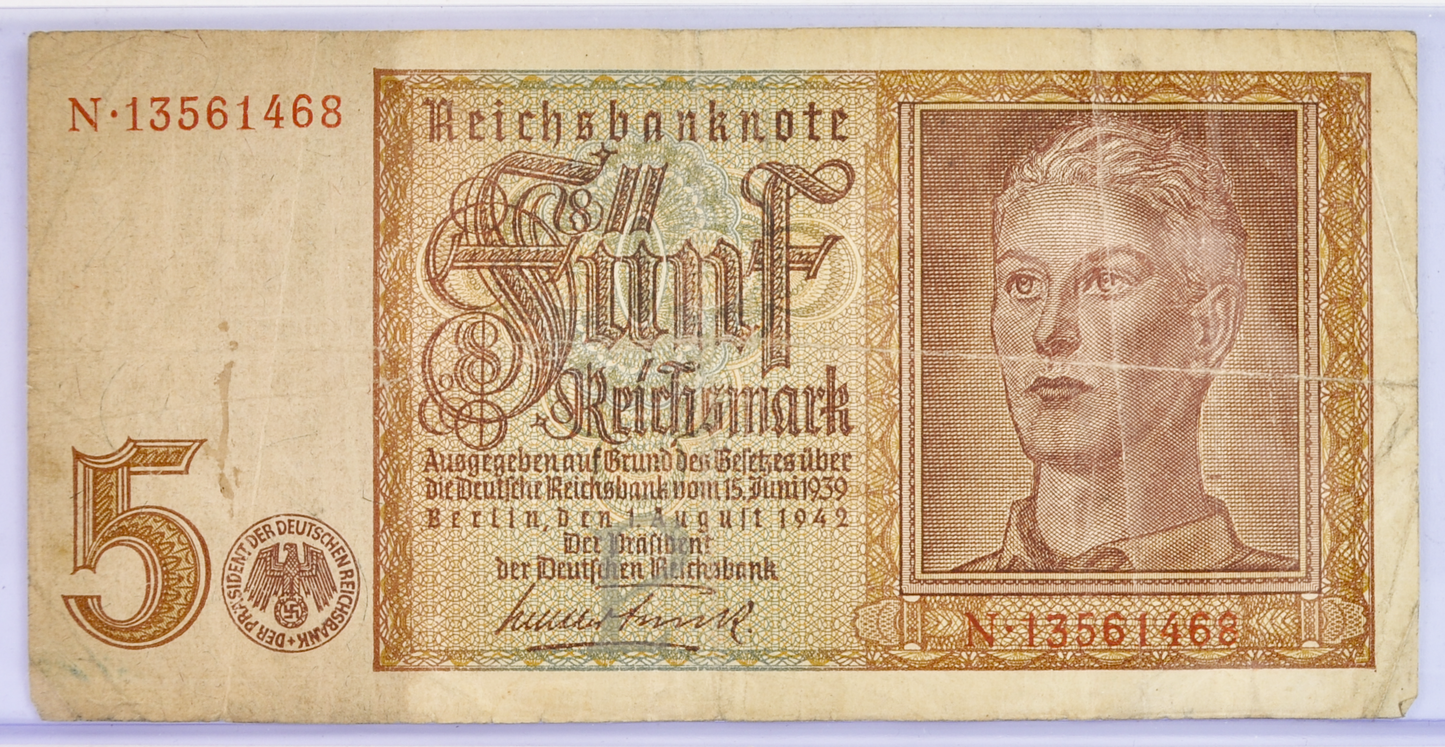 1942 5 Reichsmark German Bank Note - 1942 Reichsbanknote Reichsmark Note - Circulated Condition - 1942 Five Reichsmark Note - P#186a