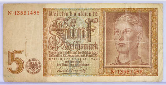 1942 5 Reichsmark German Bank Note - 1942 Reichsbanknote Reichsmark Note - Circulated Condition - 1942 Five Reichsmark Note - P#186a