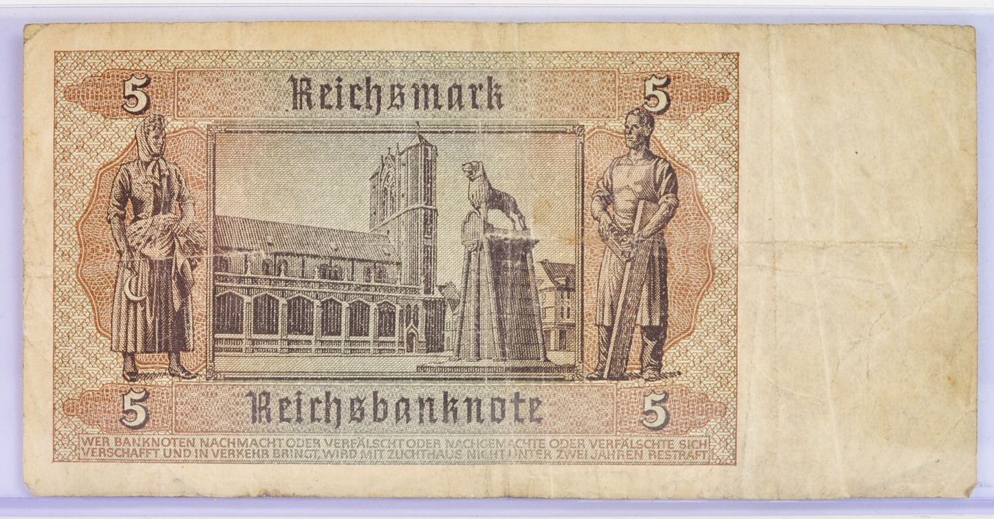 1942 5 Reichsmark German Bank Note - 1942 Reichsbanknote Reichsmark Note - Circulated Condition - 1942 Five Reichsmark Note - P#186a