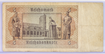 1942 5 Reichsmark German Bank Note - 1942 Reichsbanknote Reichsmark Note - Circulated Condition - 1942 Five Reichsmark Note - P#186a