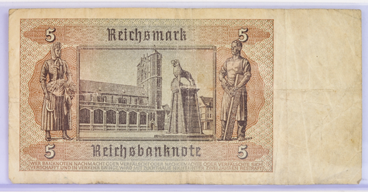 1942 5 Reichsmark German Bank Note - 1942 Reichsbanknote Reichsmark Note - Circulated Condition - 1942 Five Reichsmark Note - P#186a