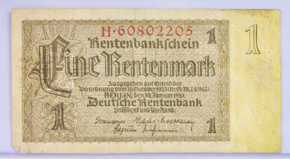 1937 1 Rentenmark German Paper Note - Rentenbankschein - 8-Digit Serial Number - 1937 One Eine Rentenmark Germany Bank Note - P#173b