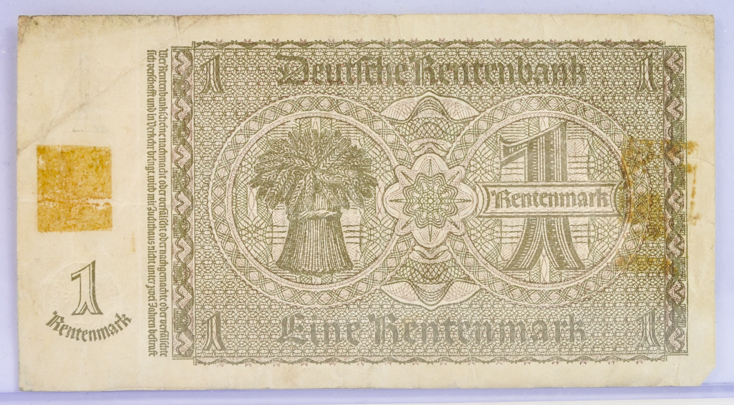 1937 1 Rentenmark German Paper Note - Rentenbankschein - 8-Digit Serial Number - 1937 One Eine Rentenmark Germany Bank Note - P#173b
