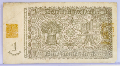 1937 1 Rentenmark German Paper Note - Rentenbankschein - 8-Digit Serial Number - 1937 One Eine Rentenmark Germany Bank Note - P#173b