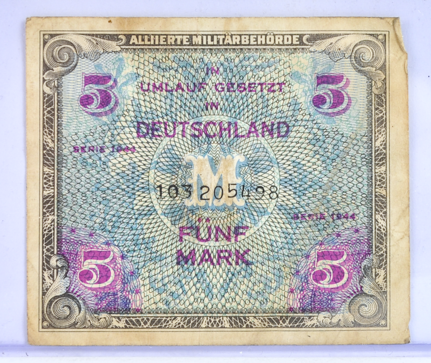 1944 Germany 5 Mark Paper Note - No Printer Code, Soviet Print - WWII Military Note - 1944 German Five Mark Allied Military Note - P#193b