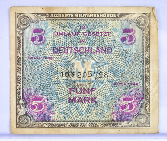 1944 Germany 5 Mark Paper Note - No Printer Code, Soviet Print - WWII Military Note - 1944 German Five Mark Allied Military Note - P#193b