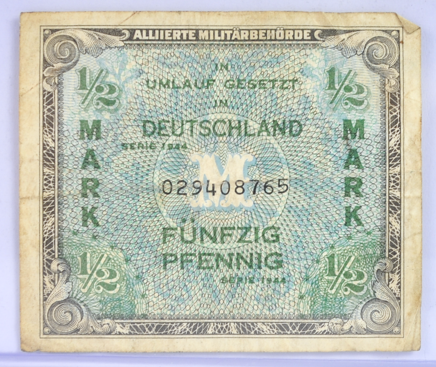 1944 Germany 1/2 Mark 50 Pfennig Note - Allied Military WWII Issue - 1944 German Half Mark Fifty Pfennig Allied Military Banknote - P#191a