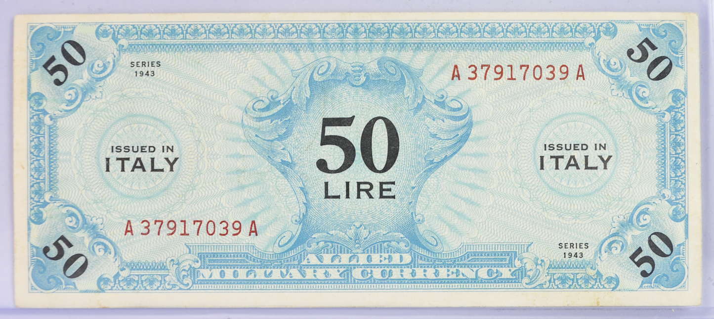 1943 Allied Military Italy 50 Lire Banknote - Rarer Large Denomination - First Series - 1943 WWII Italian Military Fifty Lire Note - P#M14a