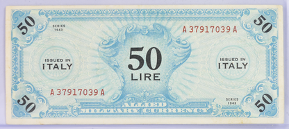 1943 Allied Military Italy 50 Lire Banknote - Rarer Large Denomination - First Series - 1943 WWII Italian Military Fifty Lire Note - P#M14a