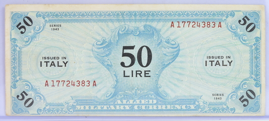 1943 Allied Military Italy 50 Lire Banknote - Rarer Large Denomination - First Series - 1943 WWII Italian Military Fifty Lire Note - P#M14a